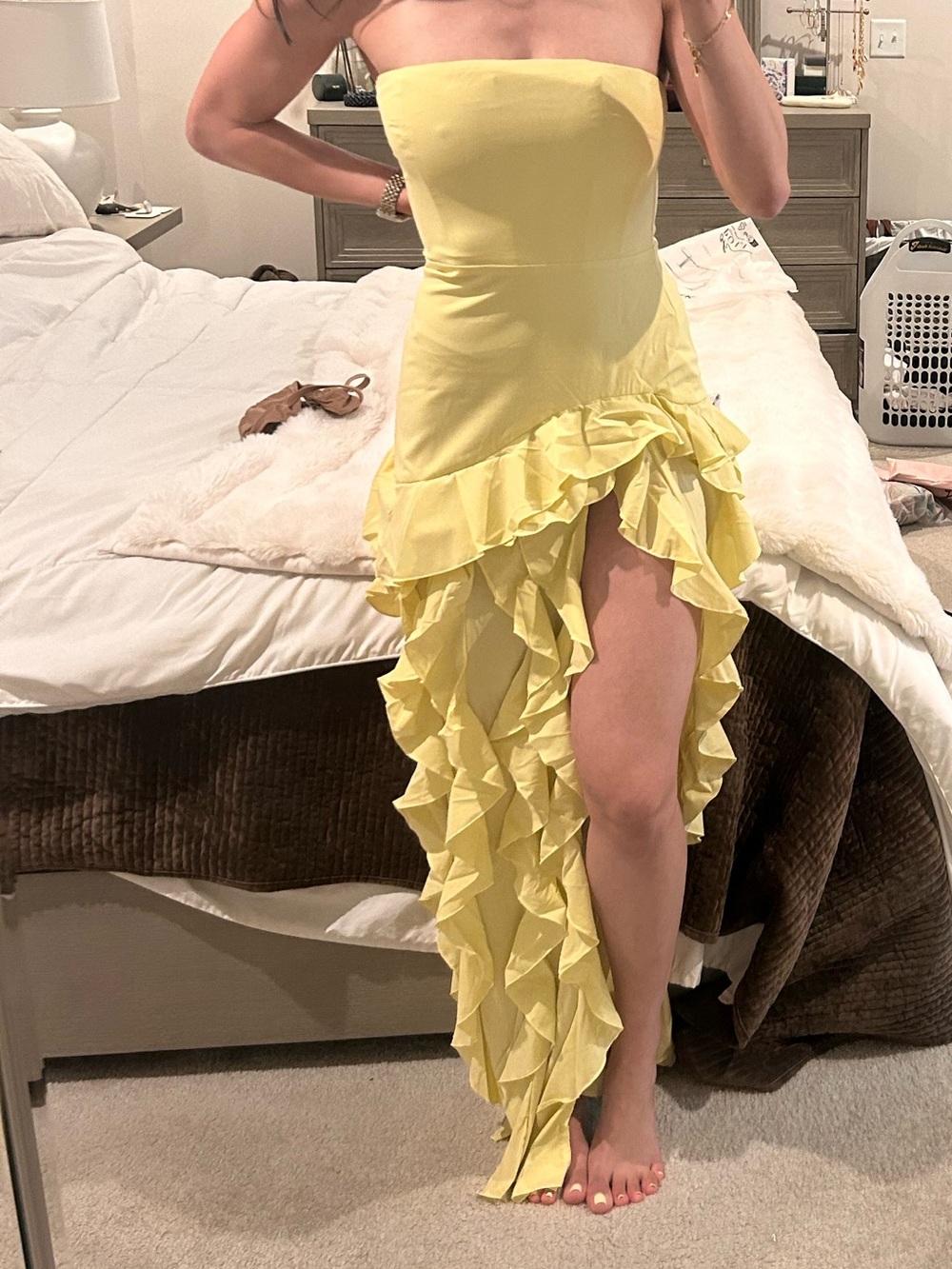 Oh Polly Strapless Lemon Yellow Ruffle High-Low Gown - Picture 5 of 5